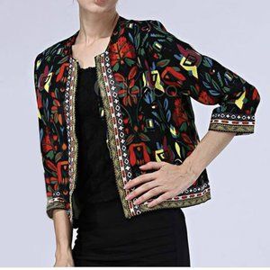 Floral Short Jacket Women's 3/4 Sleeve Embroidered Ethnic Open Front Jacket
